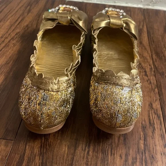 Miu Miu Metallic Gold Jeweled Bow Flats - Picture 3 of 6